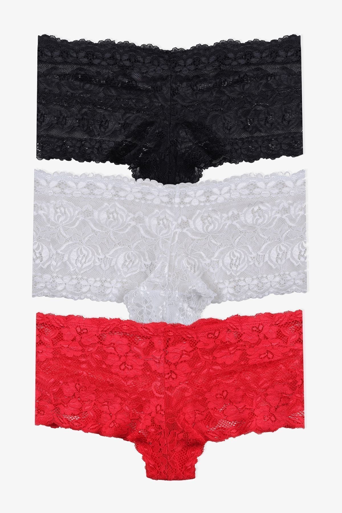 Sevgililer Günü Temalı Kadın 3'lü Dantelli Şort Boxer Külot 50335 siyah-ekru-kırmızı - L/XL - 50335 siyah-ekru-kırmızı - L/XL