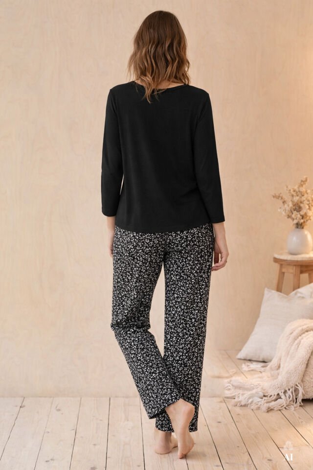 Kadın Baskılı Yaprak Desenli Yumuşak Dokulu Viskon Pijama Takımı 2XL - Siyah - Beyaz