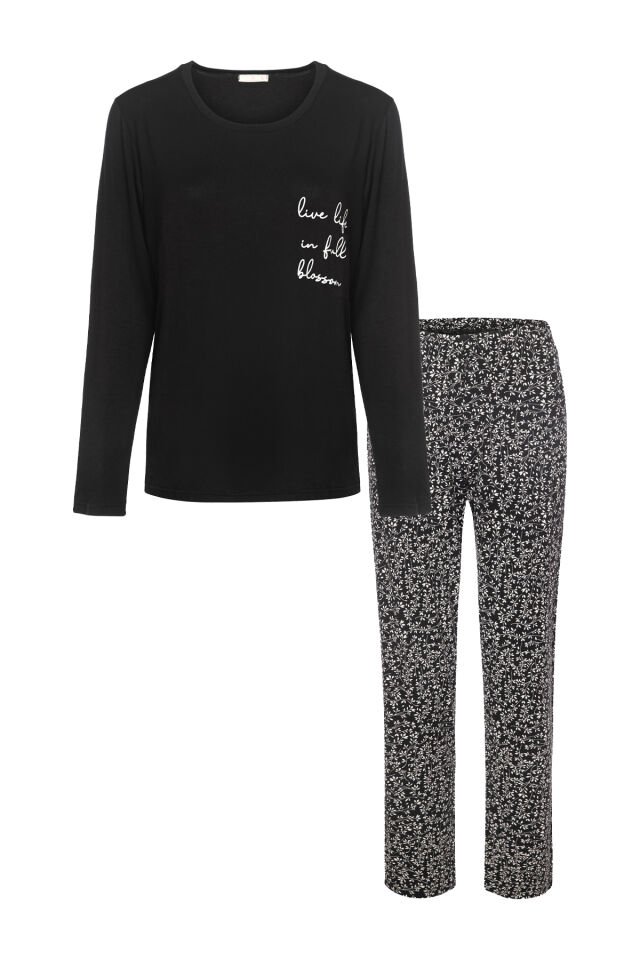 Kadın Baskılı Yaprak Desenli Yumuşak Dokulu Viskon Pijama Takımı 2XL - Siyah - Beyaz