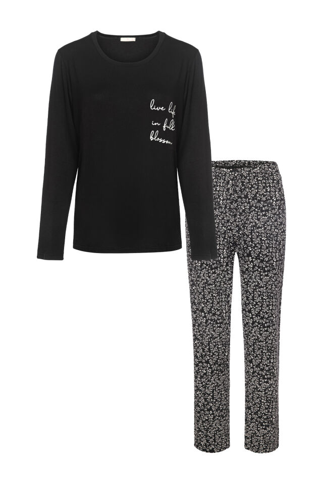 Kadın Baskılı Yaprak Desenli Yumuşak Dokulu Viskon Pijama Takımı 2XL - Siyah - Beyaz