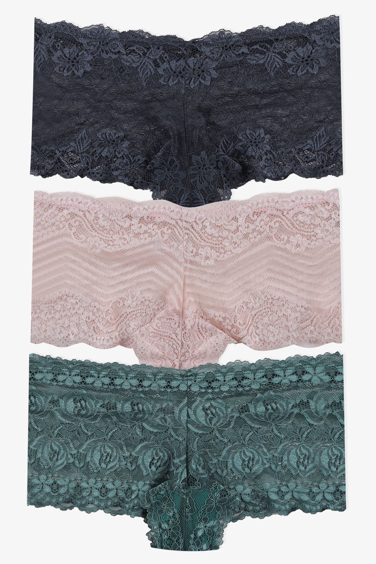 Sevgililer Günü Temalı Kadın 3'lü Dantelli Şort Boxer Külot 50335 füme-vizon-dantelyesil - S/M - 50335 füme-vizon-dantelyesil - S/M