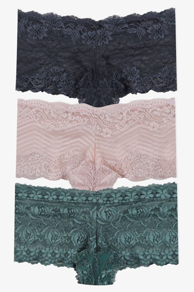 Sevgililer Günü Temalı Kadın 3'lü Dantelli Şort Boxer Külot 50335 füme-vizon-dantelyesil - S/M - 50335 füme-vizon-dantelyesil - S/M