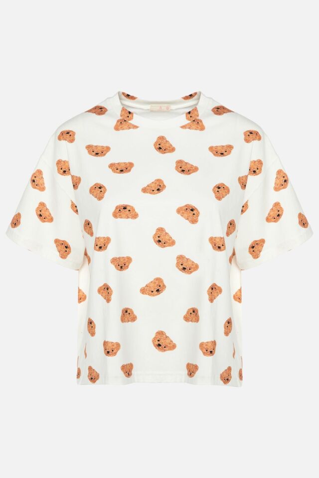 Kadın Pamuklu Kısa Kollu Ekru Ayıcık Desenli Crop Şort Takım KO7201Ş-4 Ekru Ayıcık Desen - S