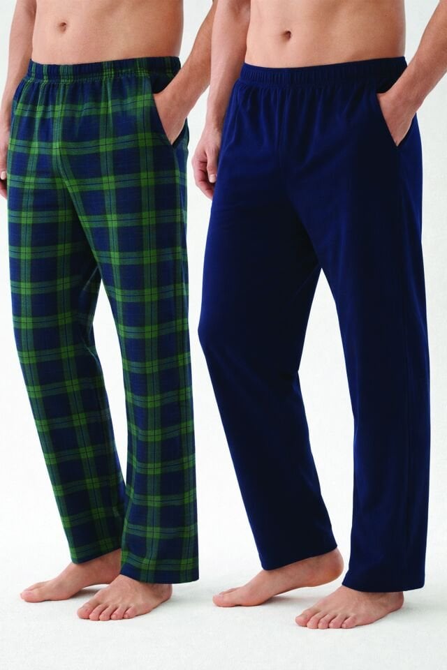 Erkek Pamuklu 2'li Tek Alt Pijama Lacivert - Yeşil - M