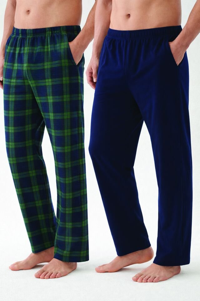 Erkek Pamuklu 2'li Tek Alt Pijama Lacivert - Yeşil - M