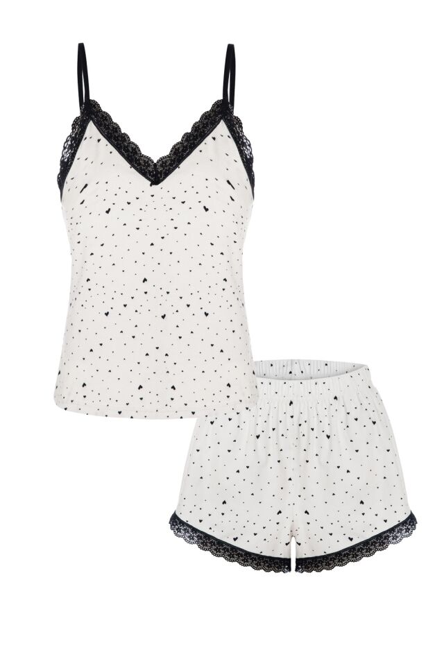 Kadın Pamuklu Kalp Desenli Askılı Dantelli Şortlu Pijama Takımı Siyah - Beyaz - S