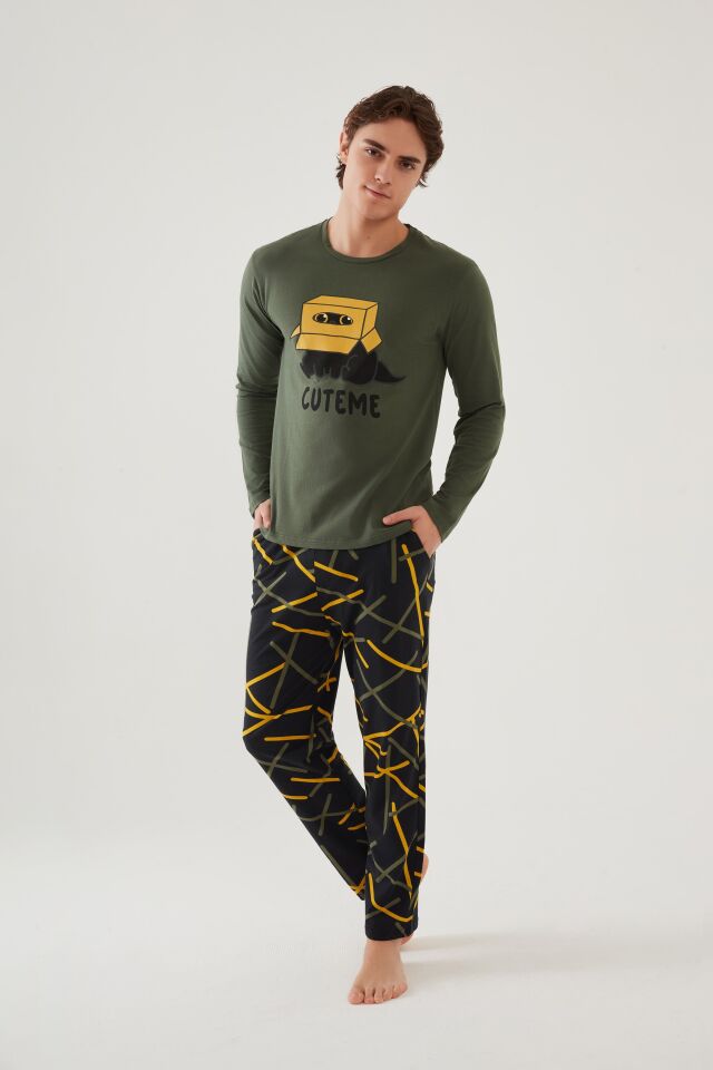 Erkek Pamuklu Uzun Kollu Üst Baskılı Alt Desenli Cepli Pijama Takımı XL - Sarı - Vizon