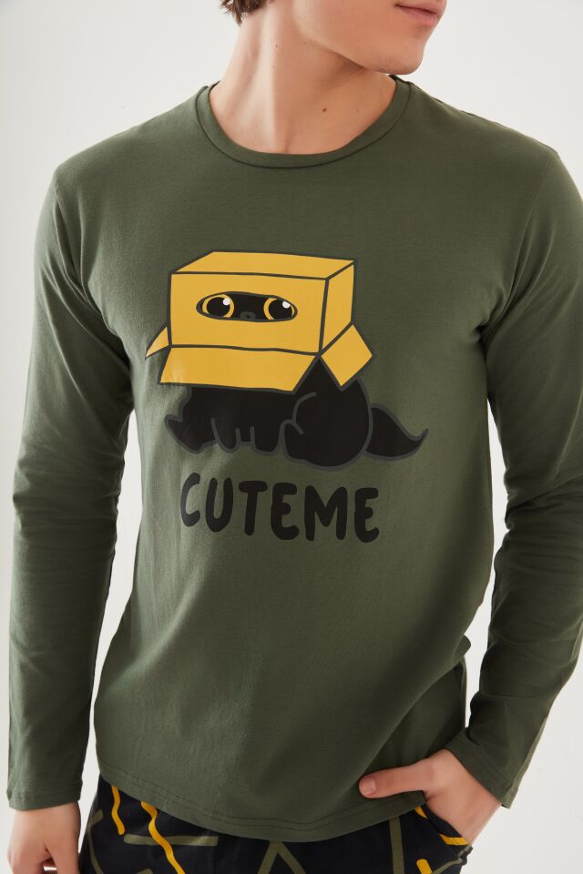 Erkek Pamuklu Uzun Kollu Üst Baskılı Alt Desenli Cepli Pijama Takımı XL - Sarı - Vizon