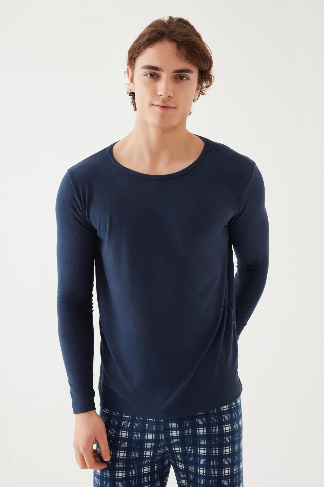 Erkek Soft Touch Uzun Kollu Alt Ekose Desenli Pijama Takımı S/M - Mavi - Beyaz