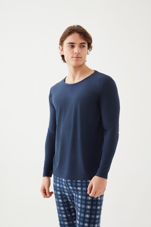Erkek Soft Touch Uzun Kollu Alt Ekose Desenli Pijama Takımı S/M - Mavi - Beyaz