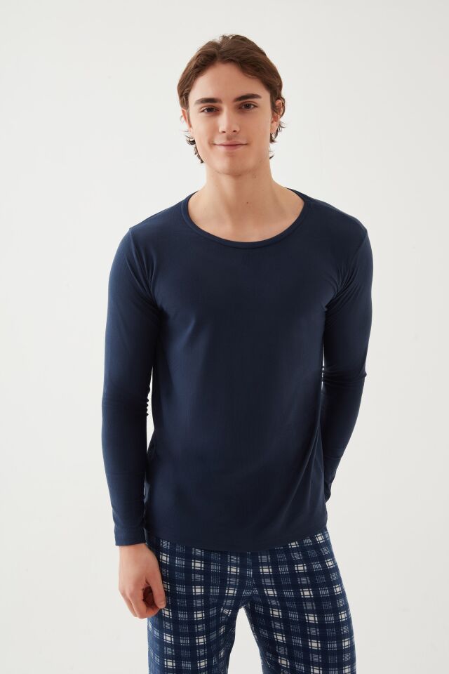 Erkek Soft Touch Uzun Kollu Alt Ekose Desenli Pijama Takımı S/M - Mavi - Beyaz