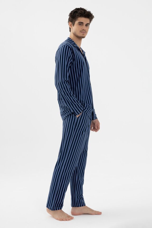 Erkek Mavi Çizgili Pamuklu Kombinli Gömlek Yaka Pijama Takımı Mavi Çizgili - L