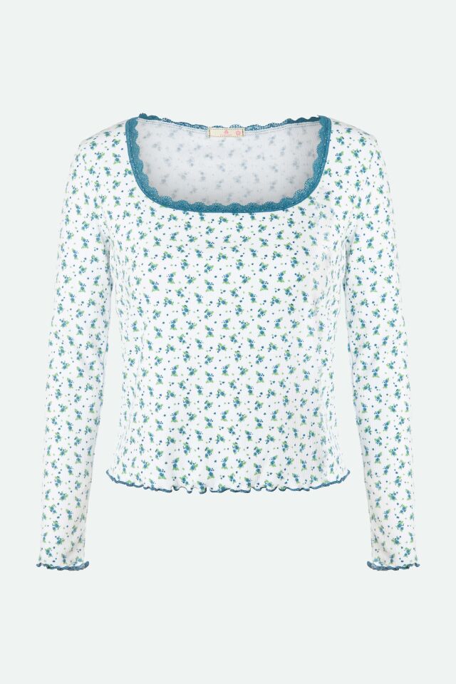 Kadın Kare Dantel Yaka Baby Overloklu Fiyonk Detaylı Pijama Takımı