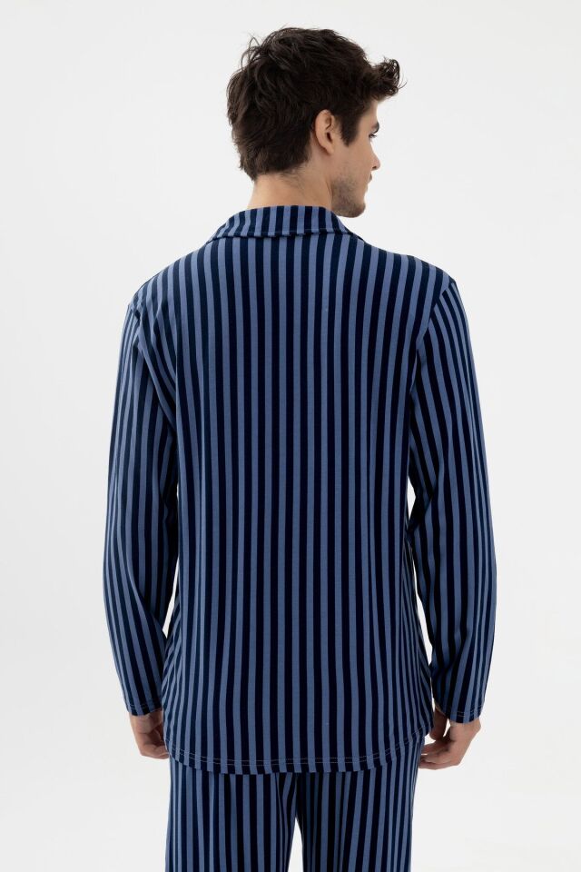 Erkek Mavi Çizgili Pamuklu Kombinli Gömlek Yaka Pijama Takımı Mavi Çizgili - XL