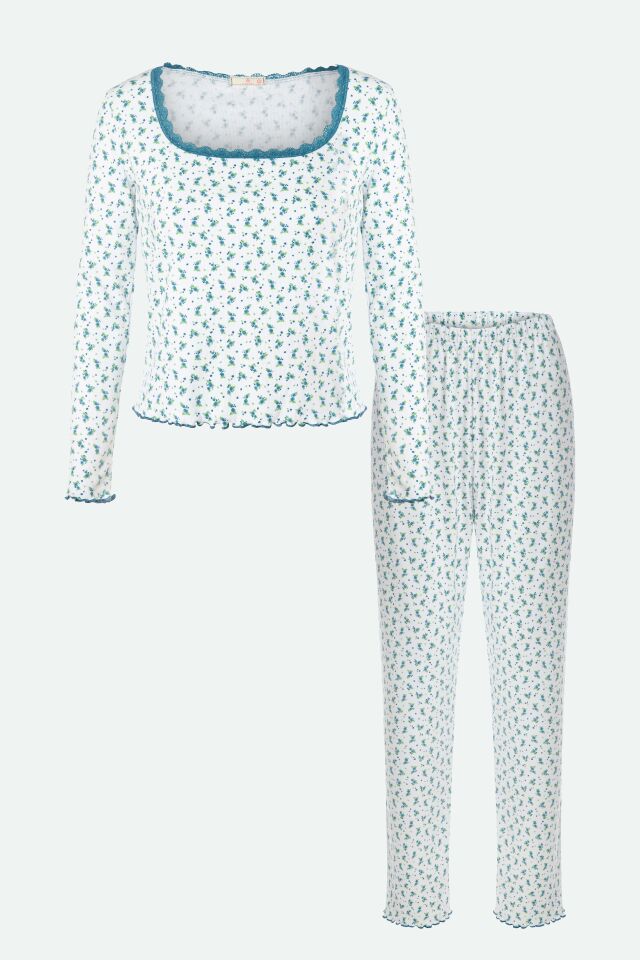 Kadın Kare Dantel Yaka Baby Overloklu Fiyonk Detaylı Pijama Takımı S - Mavi - Beyaz