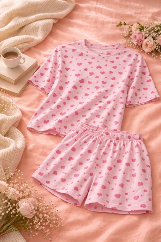 Kadın Pamuklu Kısa Kollu Ekru Ayıcık Desenli Crop Şort Takım Pembe - L