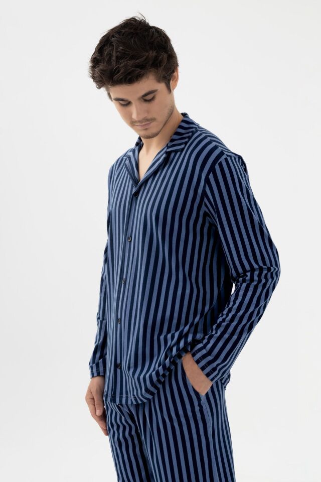 Erkek Mavi Çizgili Pamuklu Kombinli Gömlek Yaka Pijama Takımı Mavi Çizgili - 2XL