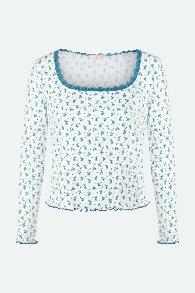 Kadın Kare Dantel Yaka Baby Overloklu Fiyonk Detaylı Pijama Takımı L - Mavi - Beyaz