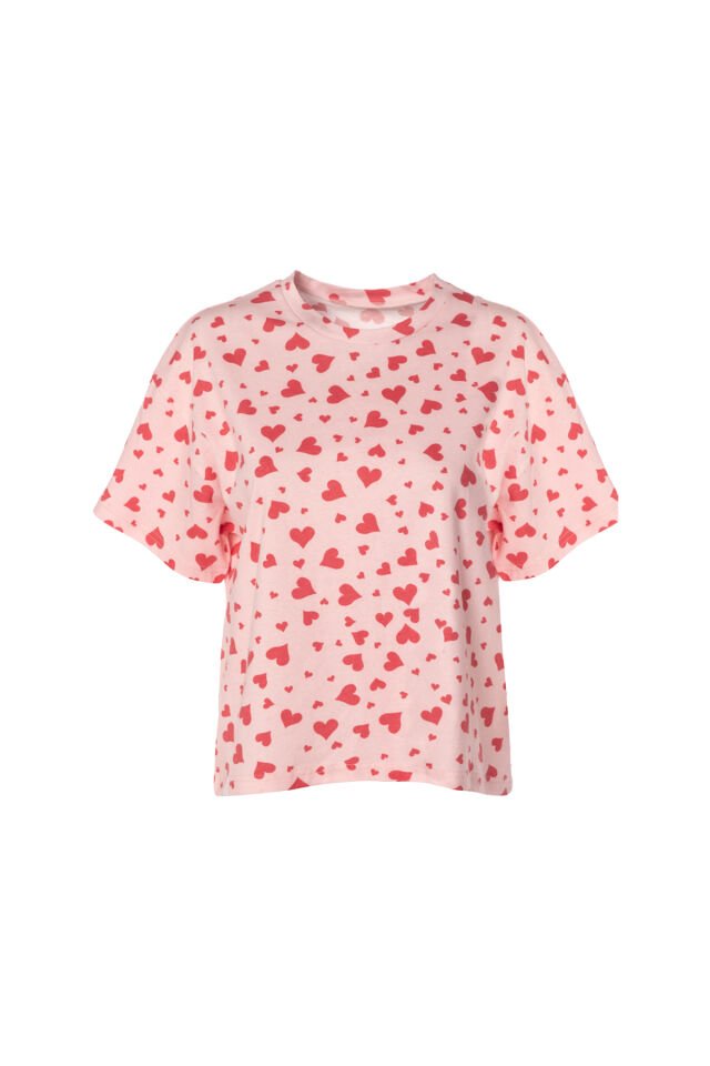 Kadın Pamuklu Kısa Kollu Ekru Ayıcık Desenli Crop Şort Takım Pembe - M