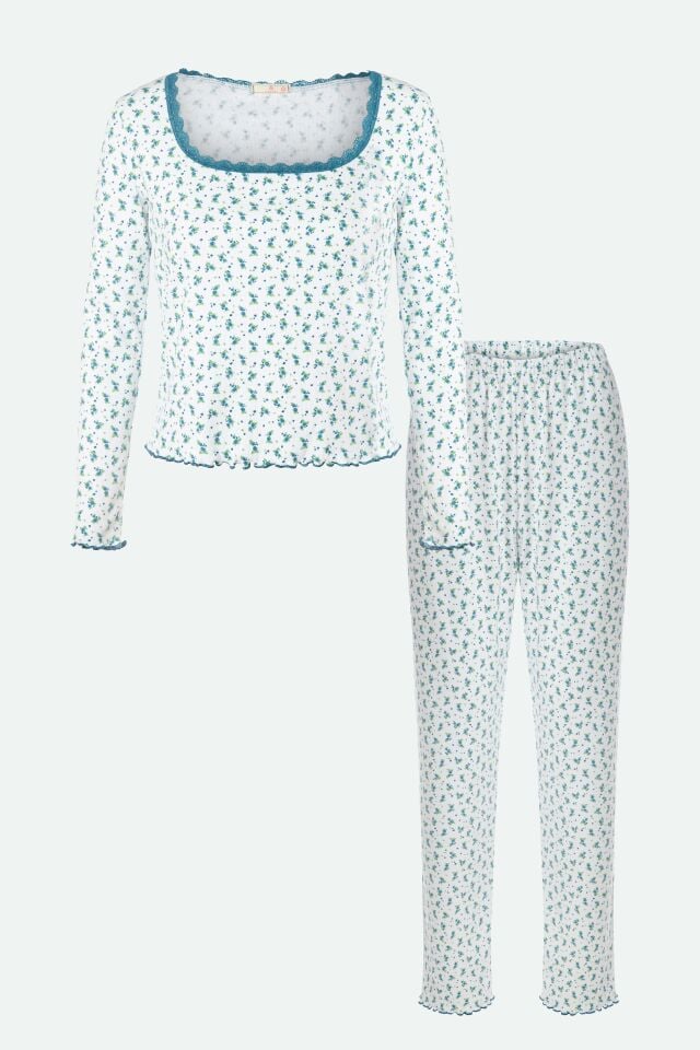 Kadın Kare Dantel Yaka Baby Overloklu Fiyonk Detaylı Pijama Takımı XL - Mavi - Beyaz