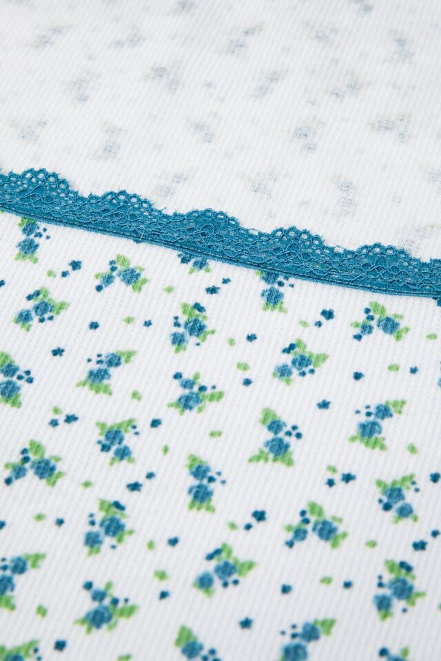 Kadın Kare Dantel Yaka Baby Overloklu Fiyonk Detaylı Pijama Takımı XL - Mavi - Beyaz