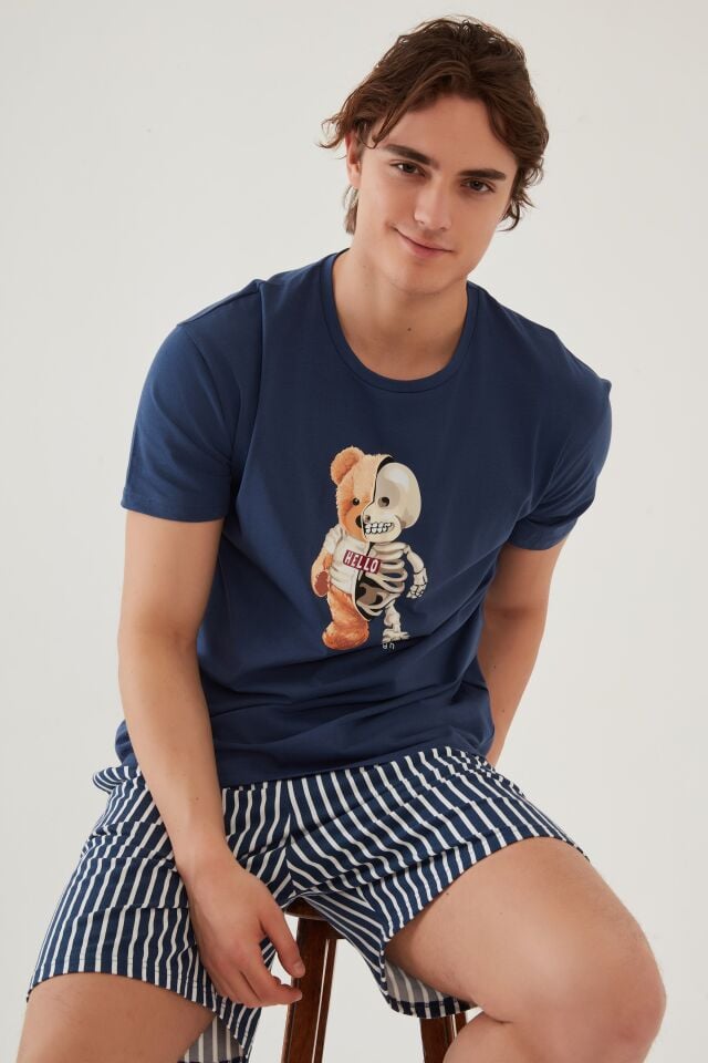 Erkek Pamuklu Mavi Baskılı Cepli Şort Pijama Takımı Mavi - Beyaz - 2XL