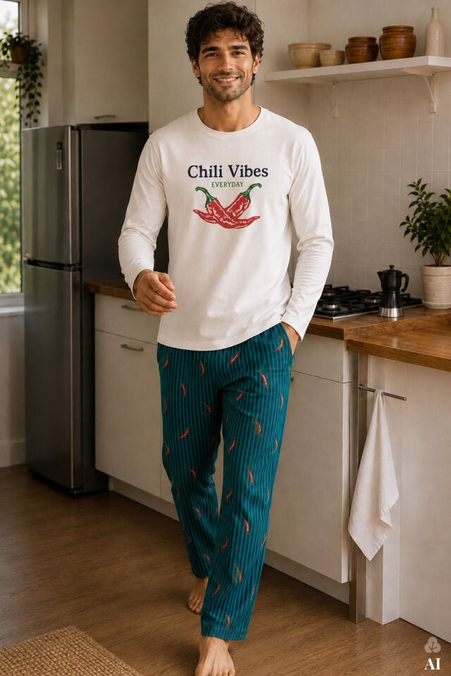 Erkek Pamuklu Ekru Uzun Kollu Biber Baskılı Yeşil Çizgili Desenli Pijama Takımı Yeşil - Beyaz - 2XL