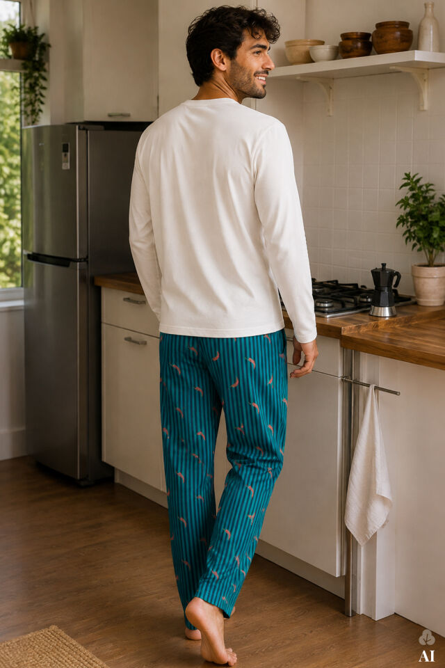 Erkek Pamuklu Ekru Uzun Kollu Biber Baskılı Yeşil Çizgili Desenli Pijama Takımı Yeşil - Beyaz - 2XL