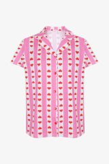 Kadın Pamuklu Kısa Kollu Gömlek Yaka Kalp Desenli Şortlu Pijama Takımı