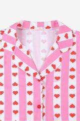 Kadın Pamuklu Kısa Kollu Gömlek Yaka Kalp Desenli Şortlu Pijama Takımı