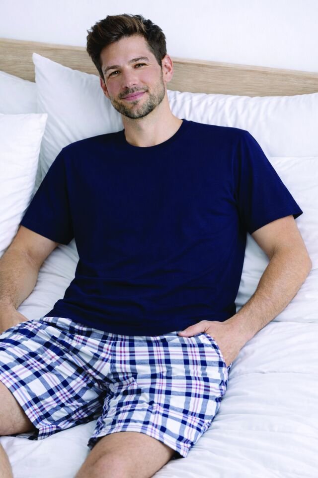 Erkek Pamuklu Ekose Desenli Kısa Kollu Cepli Şortlu Pijama Takımı Lacivert - Ekru - 2XL