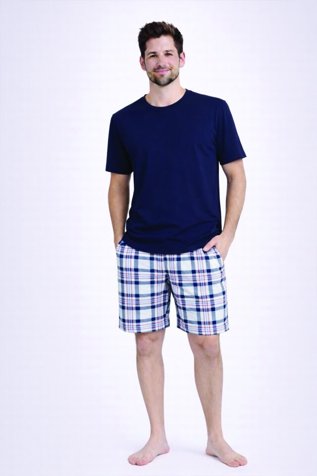 Erkek Pamuklu Ekose Desenli Kısa Kollu Cepli Şortlu Pijama Takımı Lacivert - Ekru - 2XL