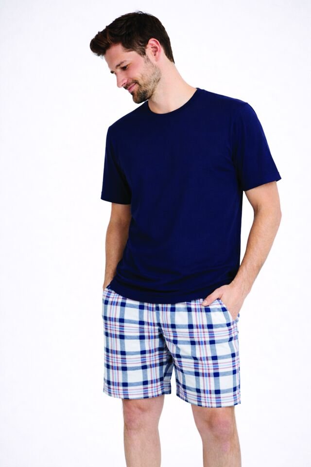 Erkek Pamuklu Ekose Desenli Kısa Kollu Cepli Şortlu Pijama Takımı Lacivert - Ekru - 2XL