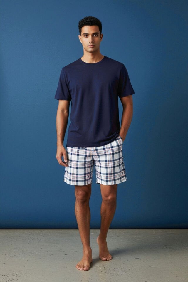 Erkek Pamuklu Ekose Desenli Kısa Kollu Cepli Şortlu Pijama Takımı Lacivert - Ekru - 2XL