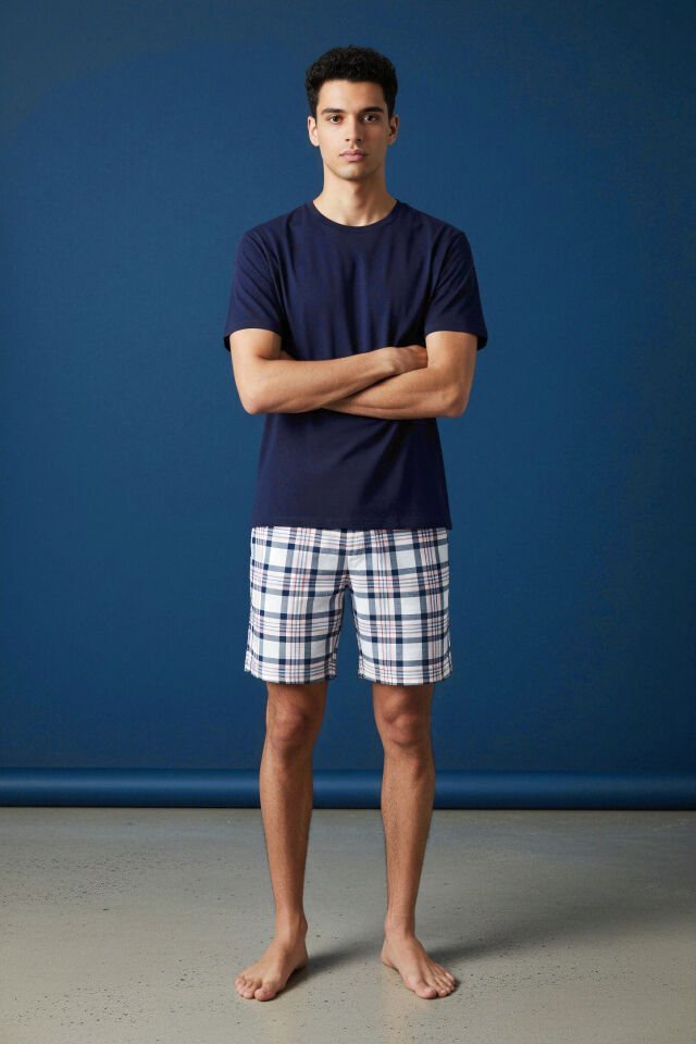 Erkek Pamuklu Ekose Desenli Kısa Kollu Cepli Şortlu Pijama Takımı Lacivert - Ekru - 2XL