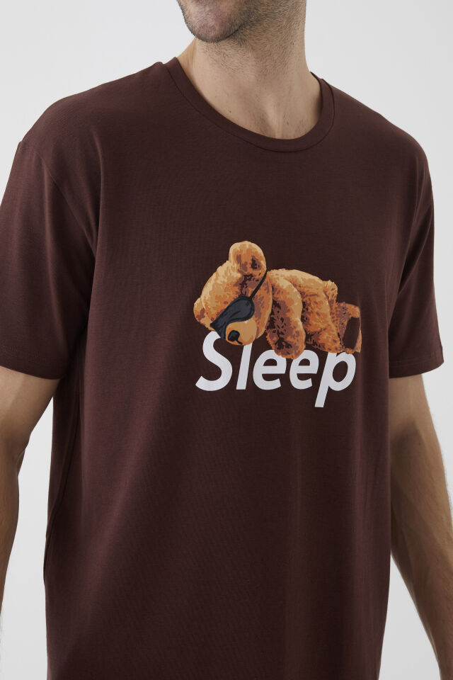 Erkek Kısa Kollu Pamuklu Ayıcık Desenli Şortlu Pijama Takımı Ekru - Kahverengi - XL