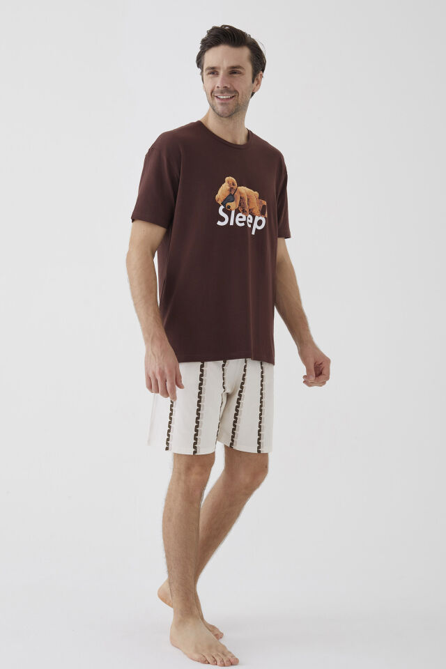Erkek Kısa Kollu Pamuklu Ayıcık Desenli Şortlu Pijama Takımı Ekru - Kahverengi - XL