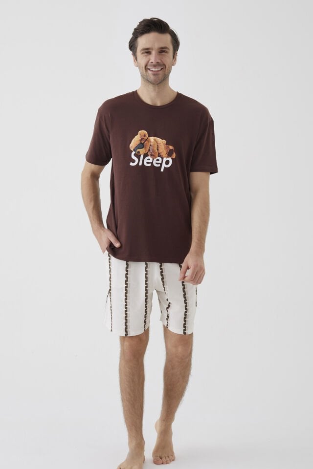 Erkek Kısa Kollu Pamuklu Ayıcık Desenli Şortlu Pijama Takımı Ekru - Kahverengi - 2XL