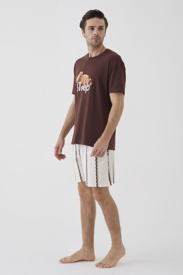 Erkek Kısa Kollu Pamuklu Ayıcık Desenli Şortlu Pijama Takımı Ekru - Kahverengi - 2XL