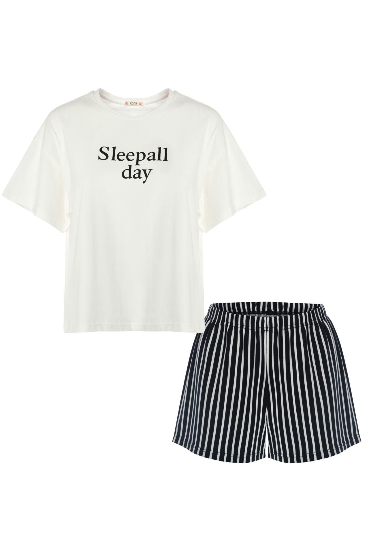 Kadın Pamuklu Kısa Kollu Siyah Çizgili Şortlu Pijama Takımı Siyah - Beyaz - S