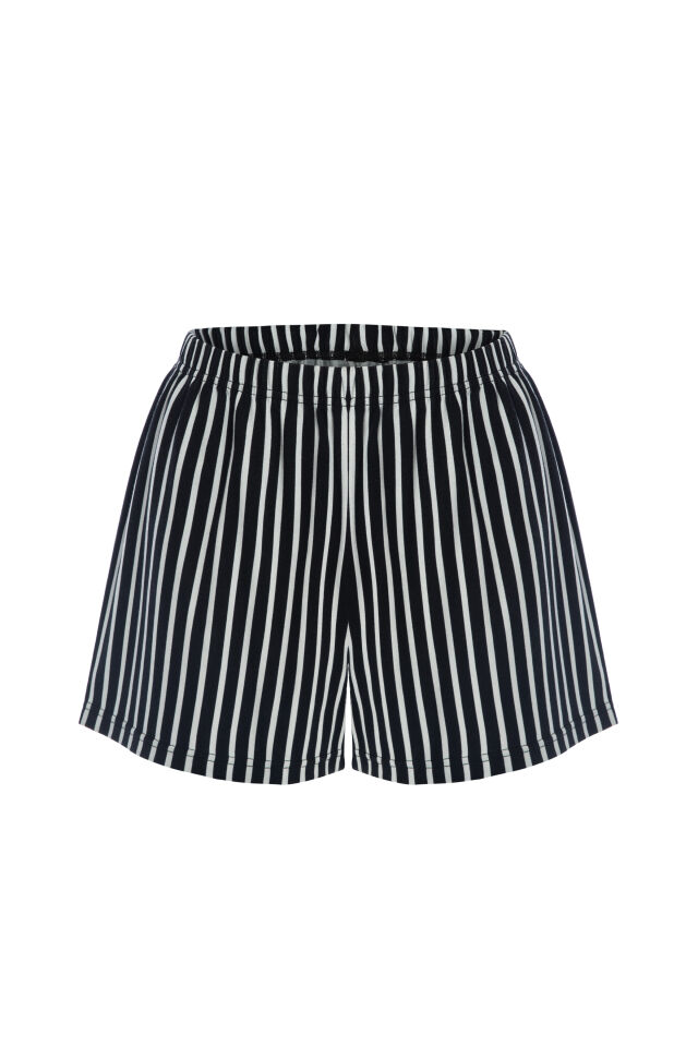 Kadın Pamuklu Kısa Kollu Siyah Çizgili Şortlu Pijama Takımı Siyah - Beyaz - S