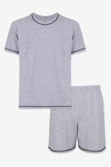 Erkek Gri Melanj Karyoka Dikişli Şortlu Pijama Takımı