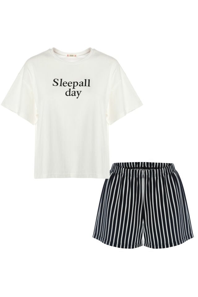 Kadın Pamuklu Kısa Kollu Siyah Çizgili Şortlu Pijama Takımı Siyah - Beyaz - XL