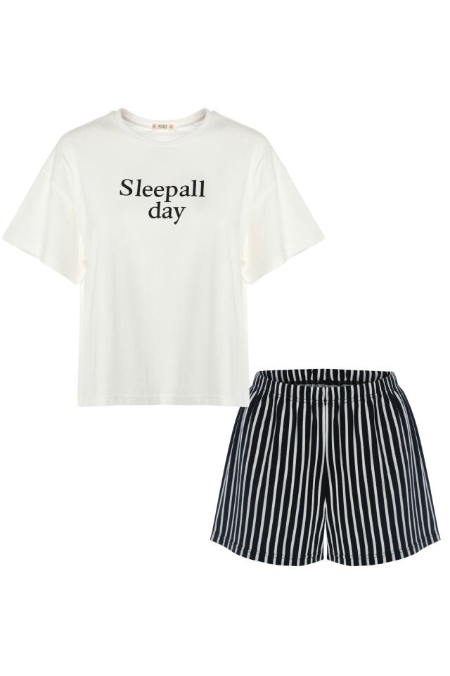 Kadın Pamuklu Kısa Kollu Siyah Çizgili Şortlu Pijama Takımı Siyah - Beyaz - XL