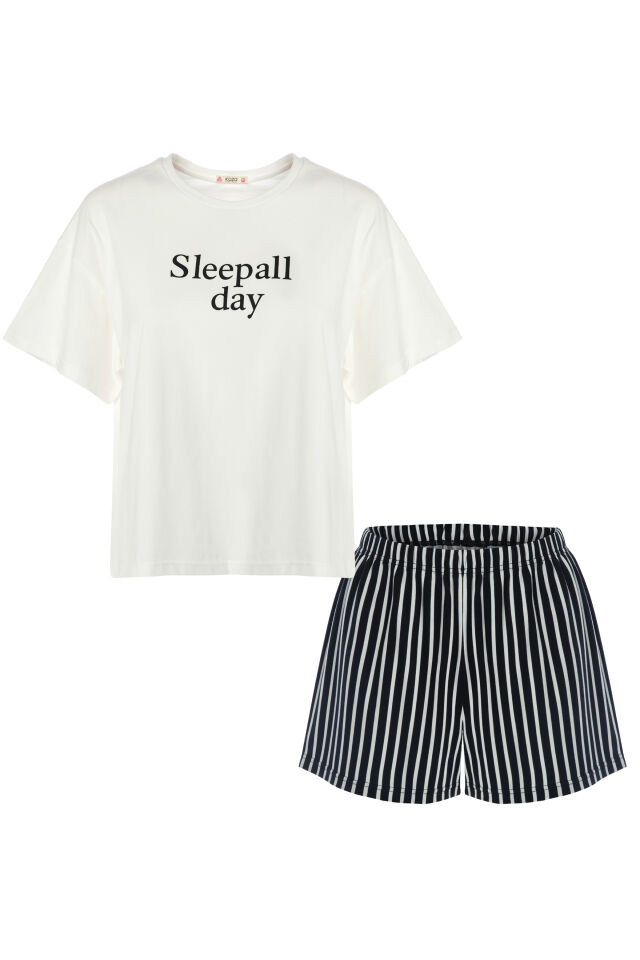 Kadın Pamuklu Kısa Kollu Siyah Çizgili Şortlu Pijama Takımı Siyah - Beyaz - XL