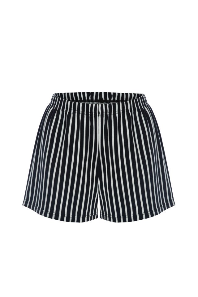 Kadın Pamuklu Kısa Kollu Siyah Çizgili Şortlu Pijama Takımı Siyah - Beyaz - XL