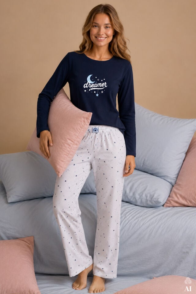 Kadın Pamuklu Lacivert Uzun Kollu Baskılı Yıldız Desenli Etiket Detaylı Pijama Takımı Lacivert - Beyaz - XL