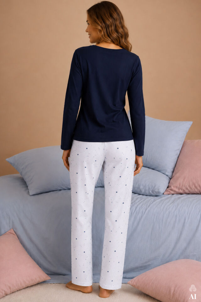Kadın Pamuklu Lacivert Uzun Kollu Baskılı Yıldız Desenli Etiket Detaylı Pijama Takımı Lacivert - Beyaz - XL