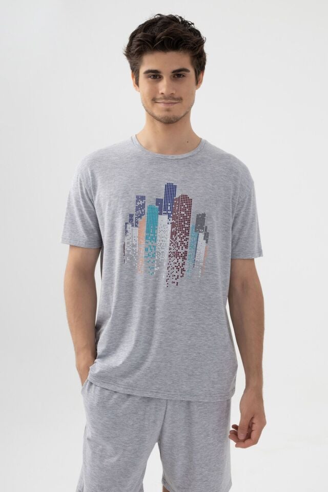 Erkek Gri Melanj Baskılı Şortlu Pijama Takımı KO6305TS-2 Gri Melanj - M