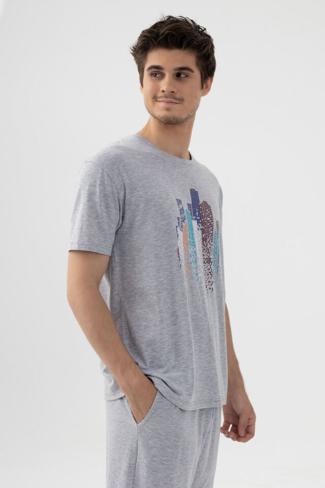 Erkek Gri Melanj Baskılı Şortlu Pijama Takımı KO6305TS-2 Gri Melanj - M